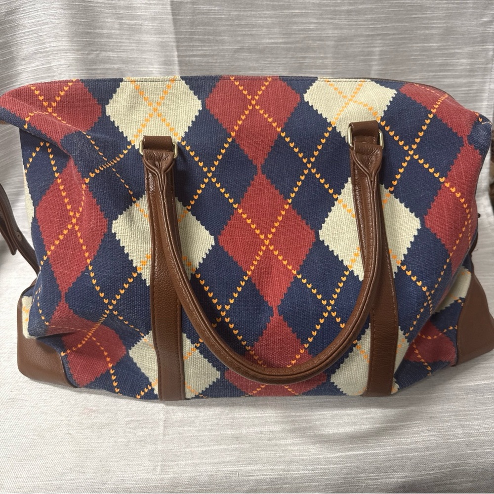 Argyle Patterned Tote Bag with Brown Accents